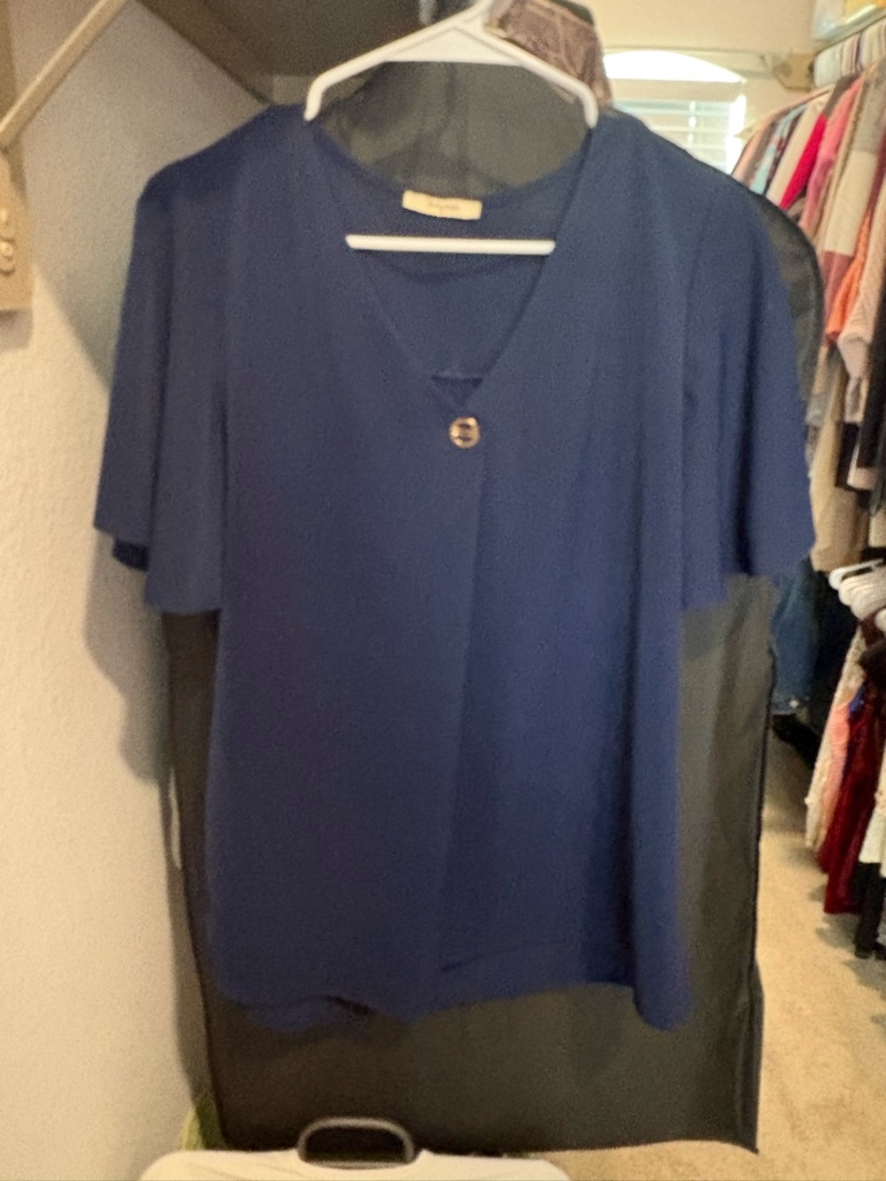 Women's Navy Short-Sleeve V-Neck Blouse with Button Detail